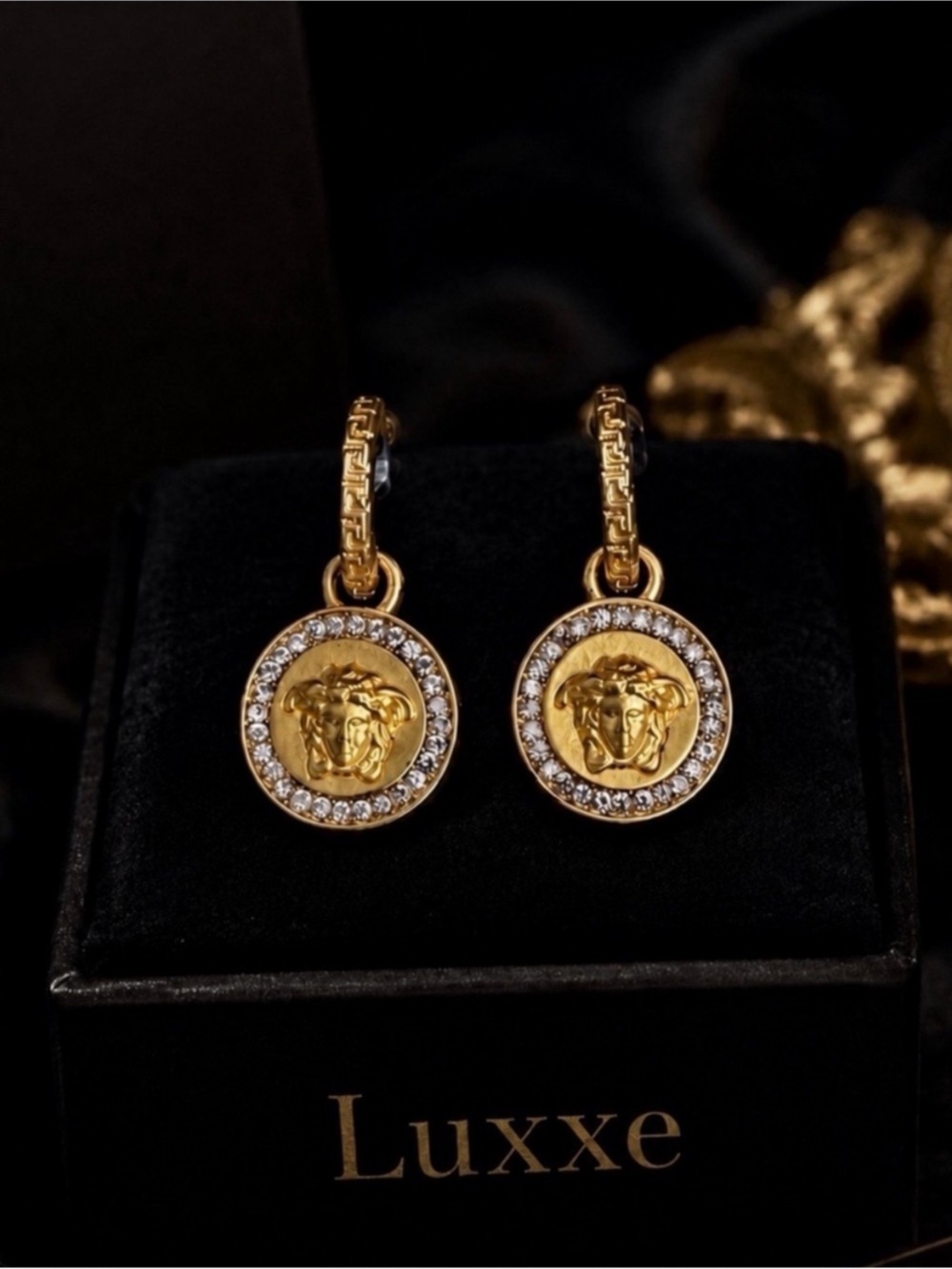 Gold Medallion Crystal Medusa Drop Earrings